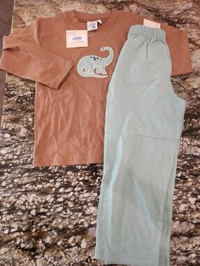 Kids Dinosaur Appliqué Matching Set - Brown Top & Light Teal Pants